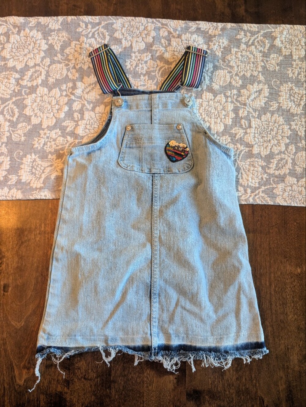 Light Blue Denim Kids' Overall Dress with Rainbow Straps/ Size 4-5 Girls